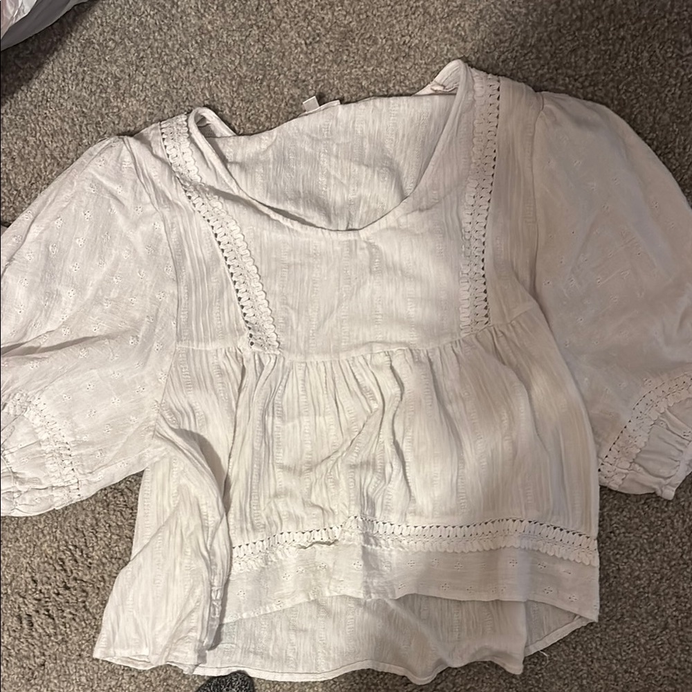 Cream Smocked Peplum Blouse with Puff Sleeves
